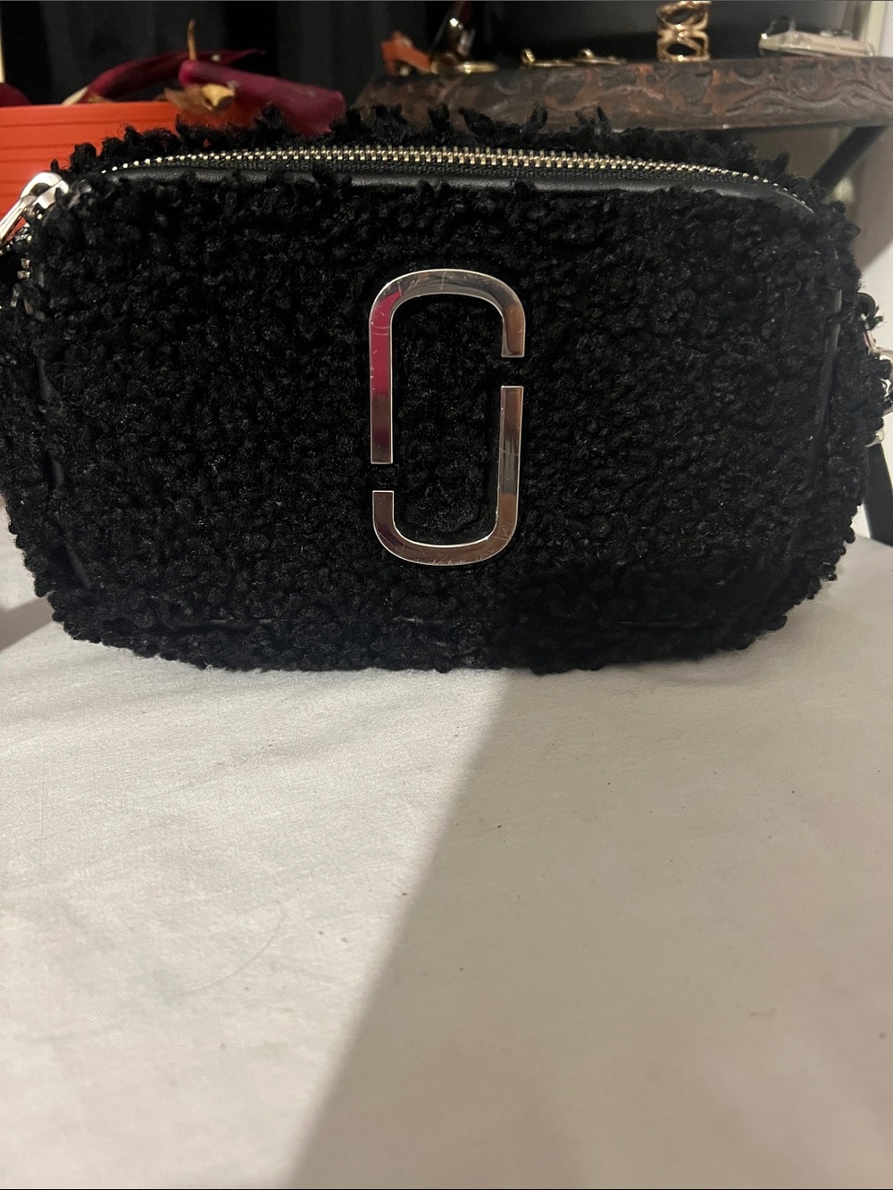 Black Shearling Crossbody Bag with Wide Logo Strap - Picture 2 of 9